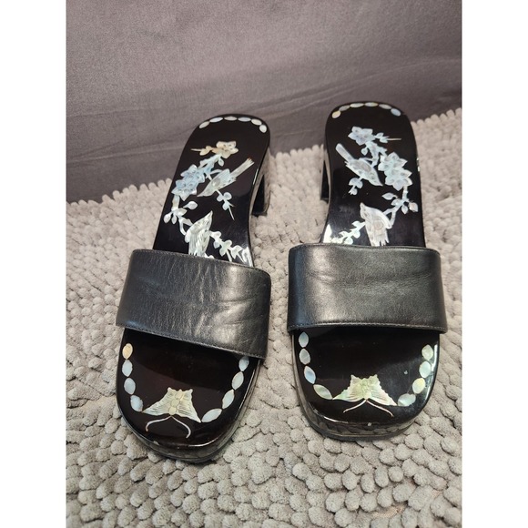 Yellow Box Antique Wood/Leather Bathing Clogs Shoes W/ Mother of Pearl Inlay Sz8